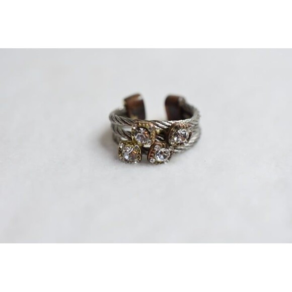 Unique Triple Twisted Silver Tone Metal Band 4 Rhinestones Gold Accent Cuff Ring - Picture 2 of 3